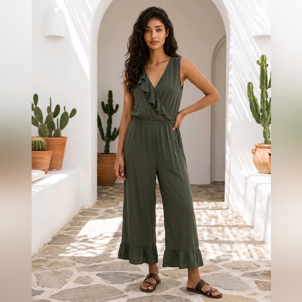 SPENSE Dark Green Ruffle Surplice Jumper – Jersey Knit Romper XL